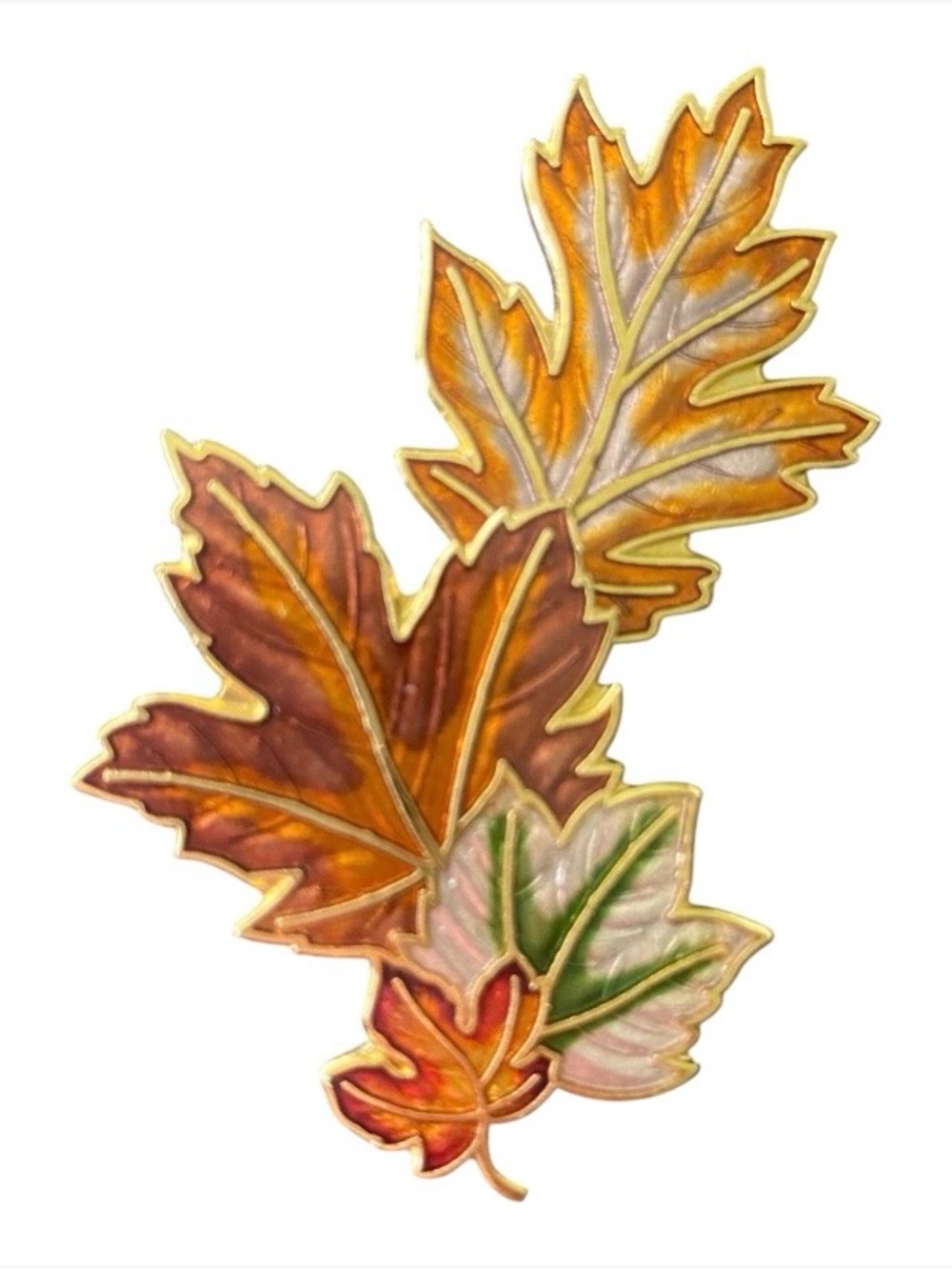 Vintage Autumn Fall Maple Leaves Enamel Brooch Pin Brown Signed Fish Enterprises